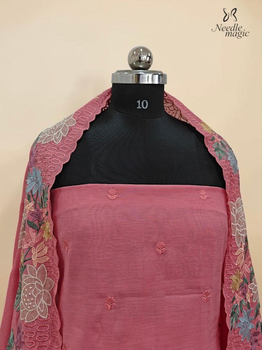 Rose Pink Mul Chanderi Set With Embroidery Work