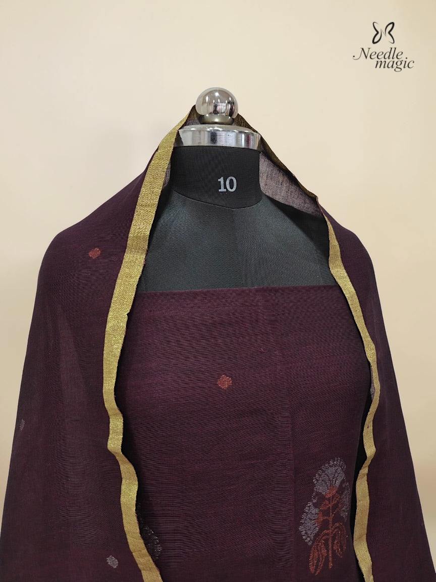 Wine Jamdani Linen Silk Churidar