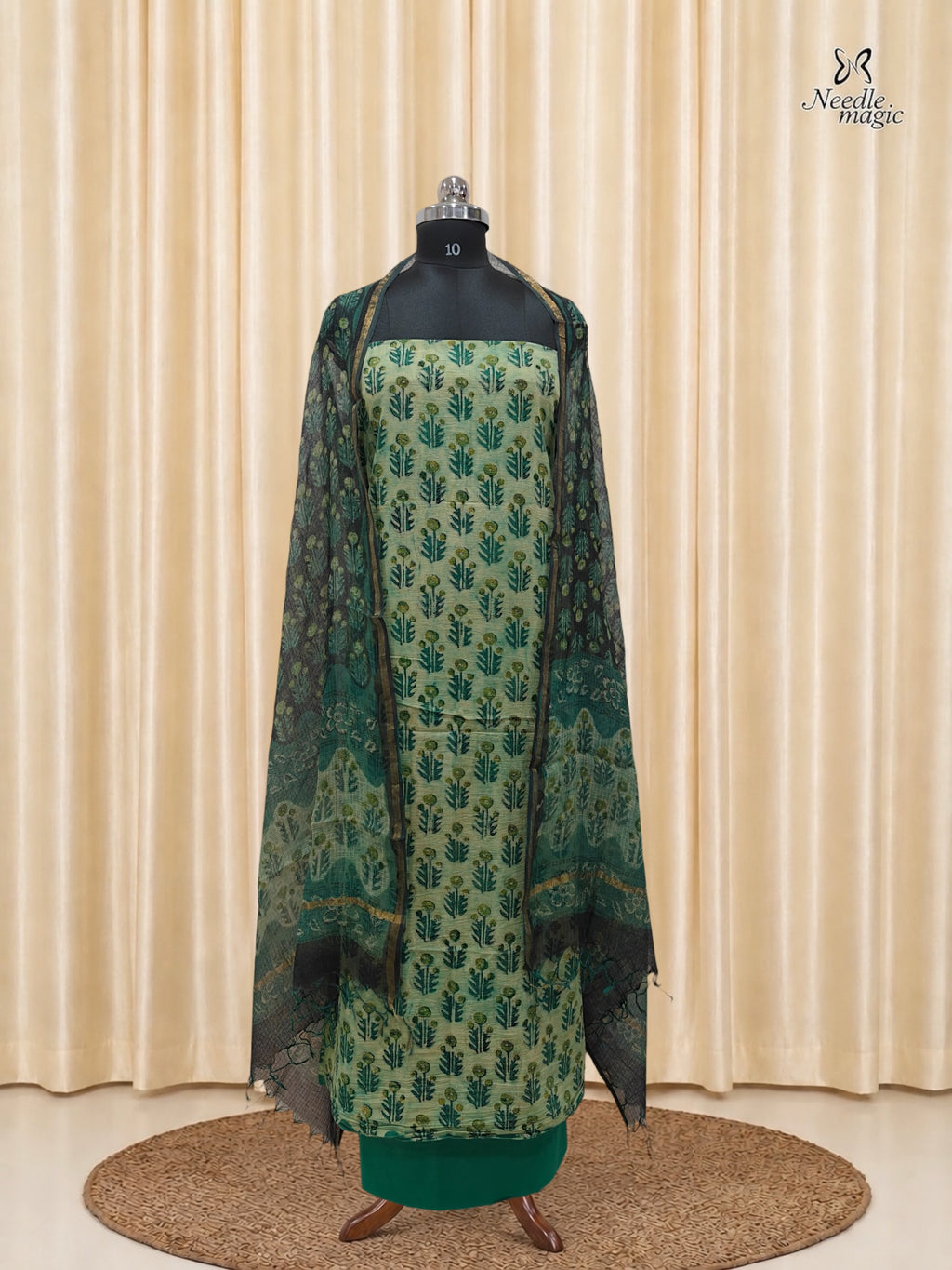 Sage Green Cotton Churidar With Hand Block Ajrakh Print