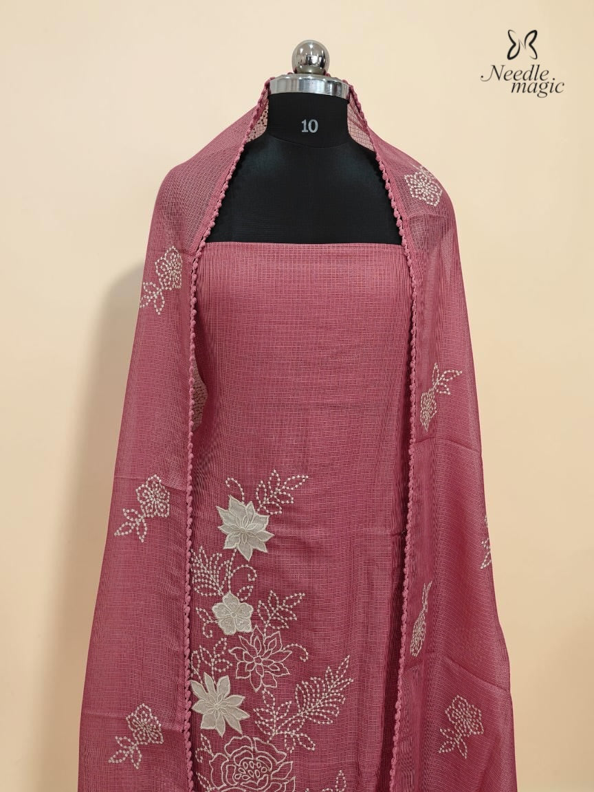 Dusty Rose Pink Net Cotta Churidar with floral Applique