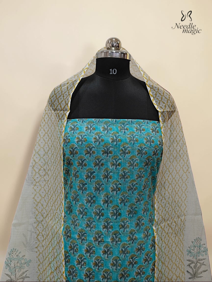 Aqua Blue Net Cotta Churidar