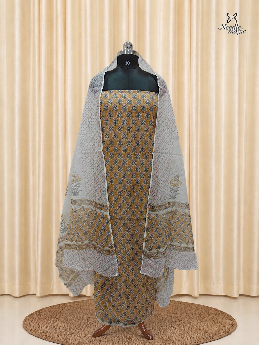 Mustard Yellow Net Cotta Churidar with Multicolour Floral Motifs