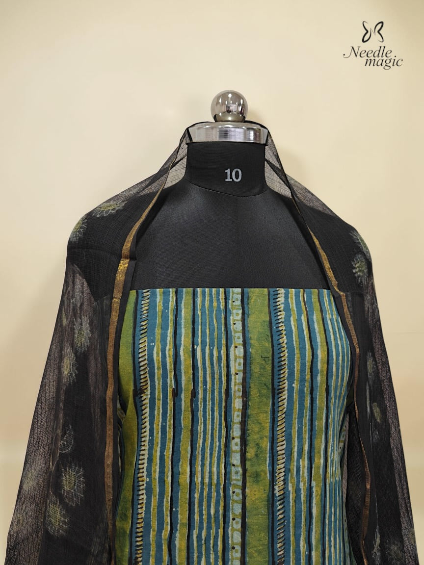 Olive Green Cotton Churidar With Hand Block Ajrakh Print