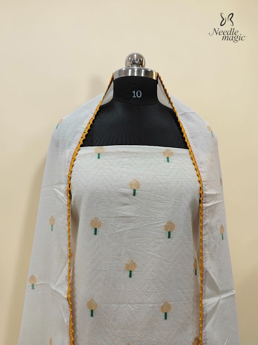 White Mul Cotton Churidar With Mustard Yellow Floral Detailing
