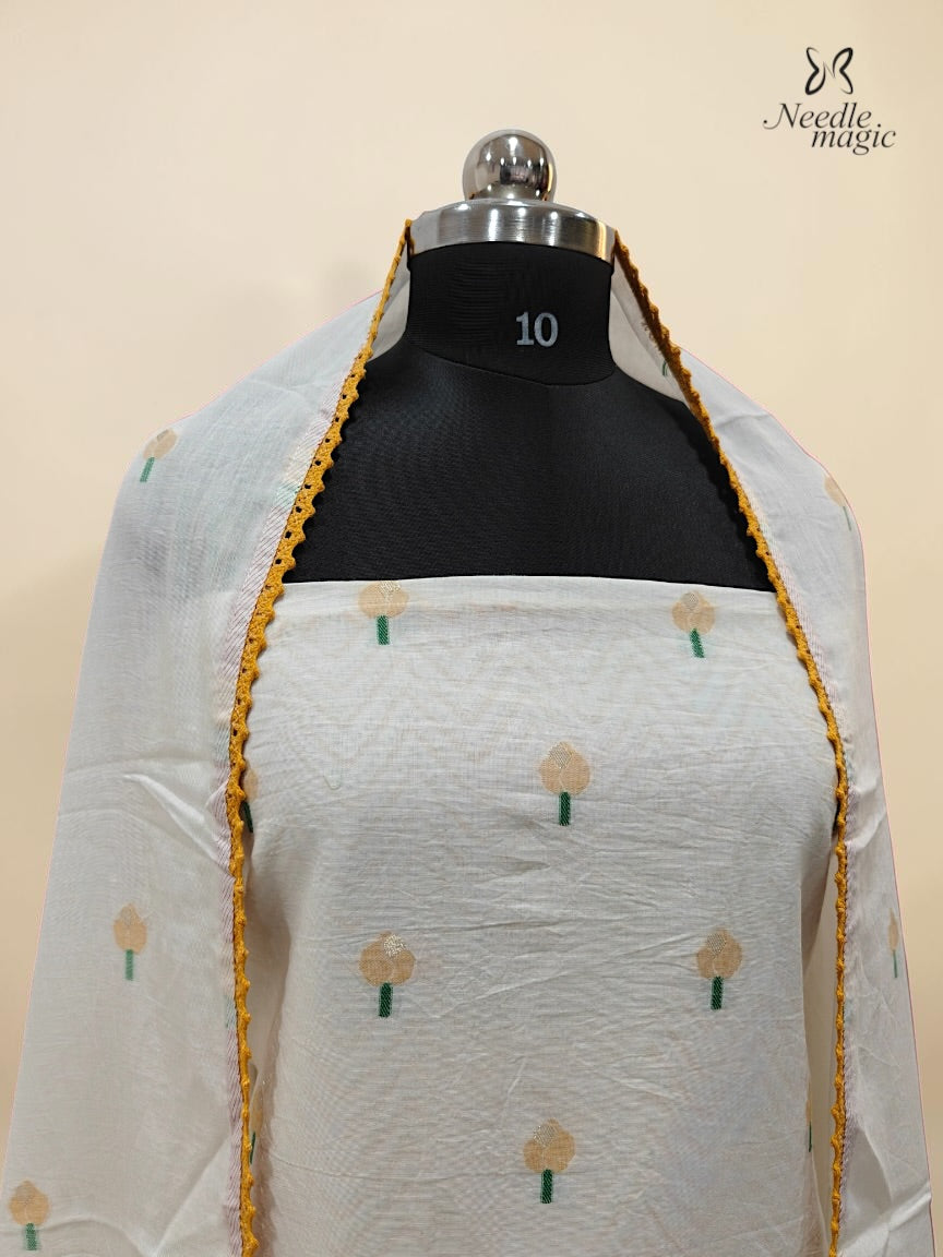 White Mul Cotton Churidar With Mustard Yellow Floral Detailing
