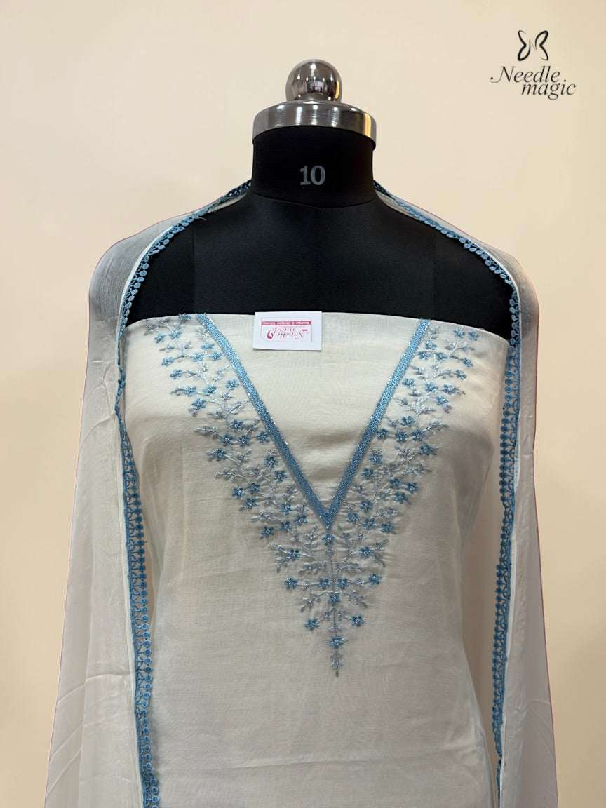 Ivory & Powder Blue Mul Chanderi Churidar