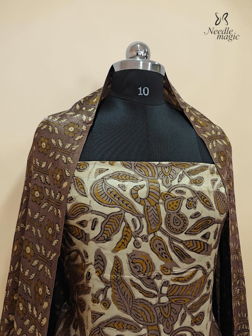 Ivory Cream Modal Silk Churidar with Brown Paisley Print