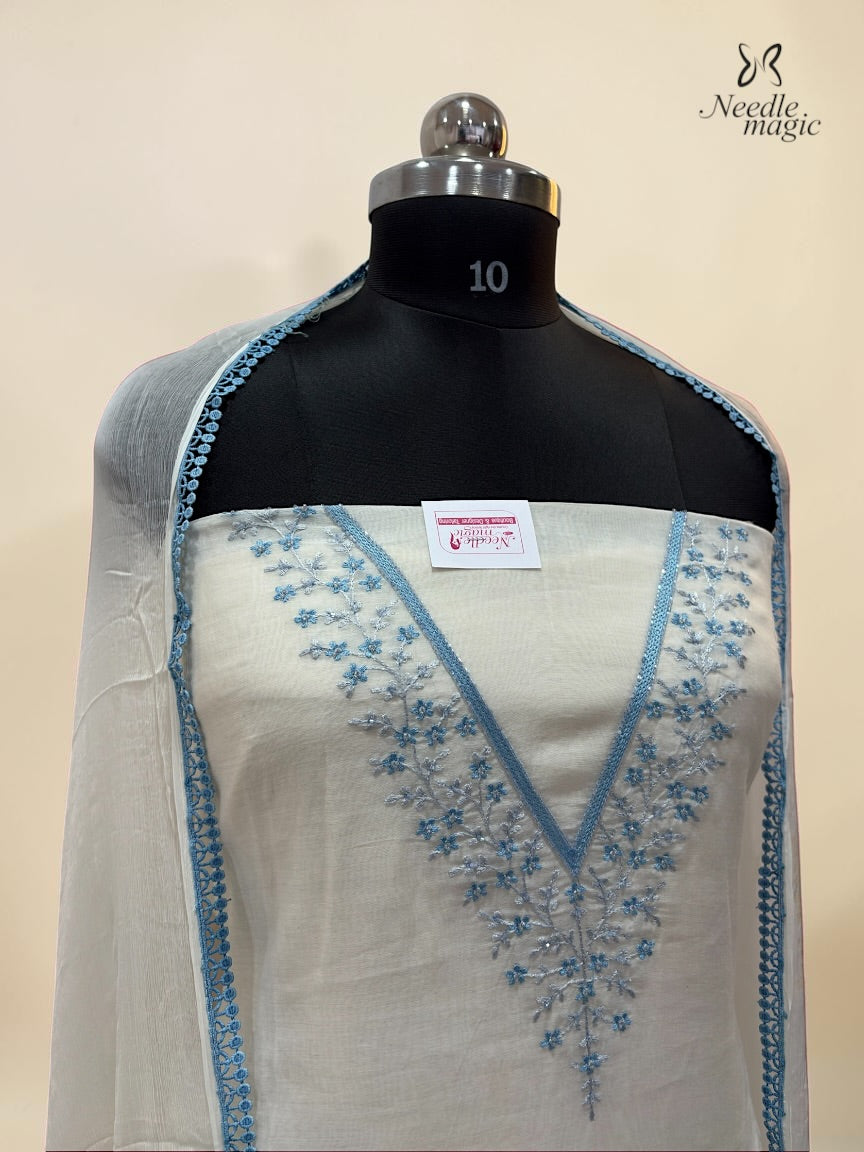 Ivory & Powder Blue Mul Chanderi Churidar