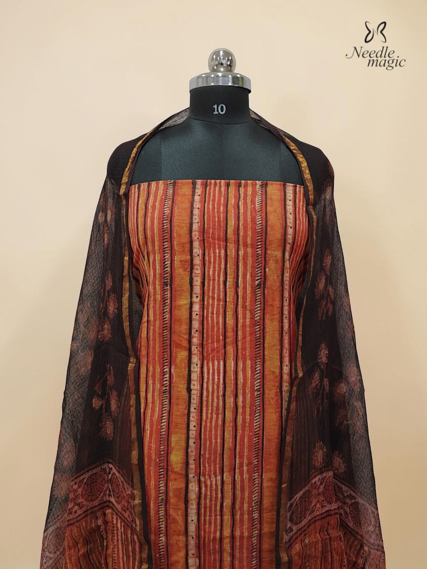 Rust Orange Cotton Churidar With Hand Block Ajrakh Print