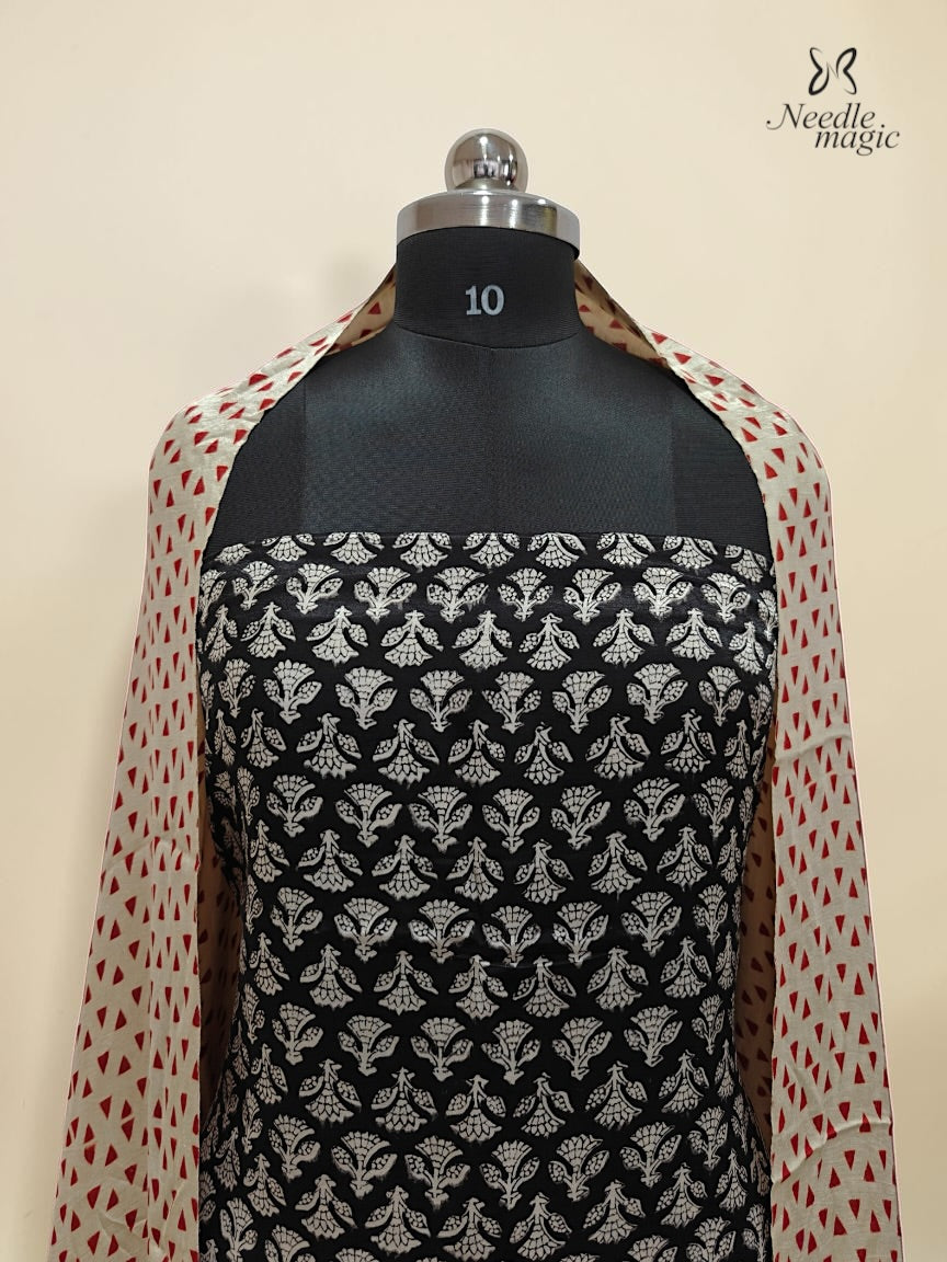 Black Modal Silk Churidar with Ivory Hand Block Print