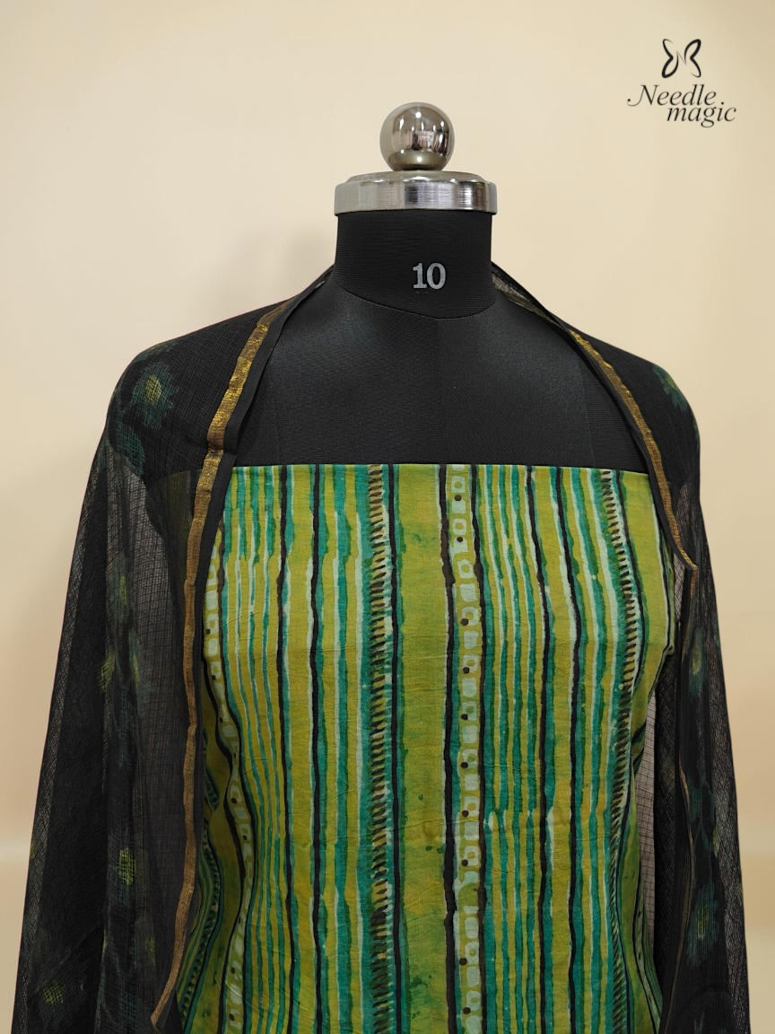 Lime Green Cotton Churidar With Hand Block Ajrakh Print