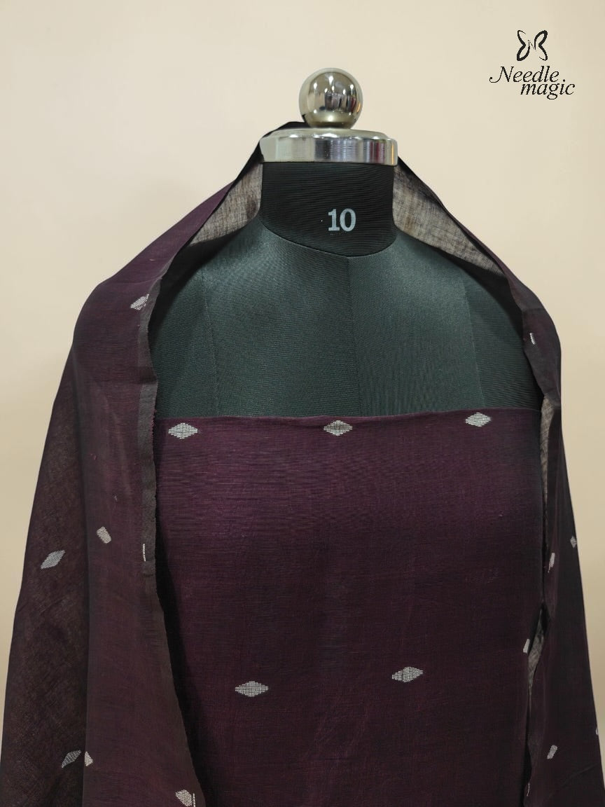 Dark Wine Purple Jamdani Linen Churidar