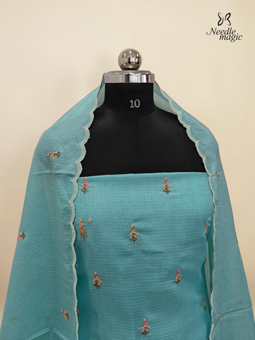 Aqua Blue Net Cotta Churidar with floral Applique