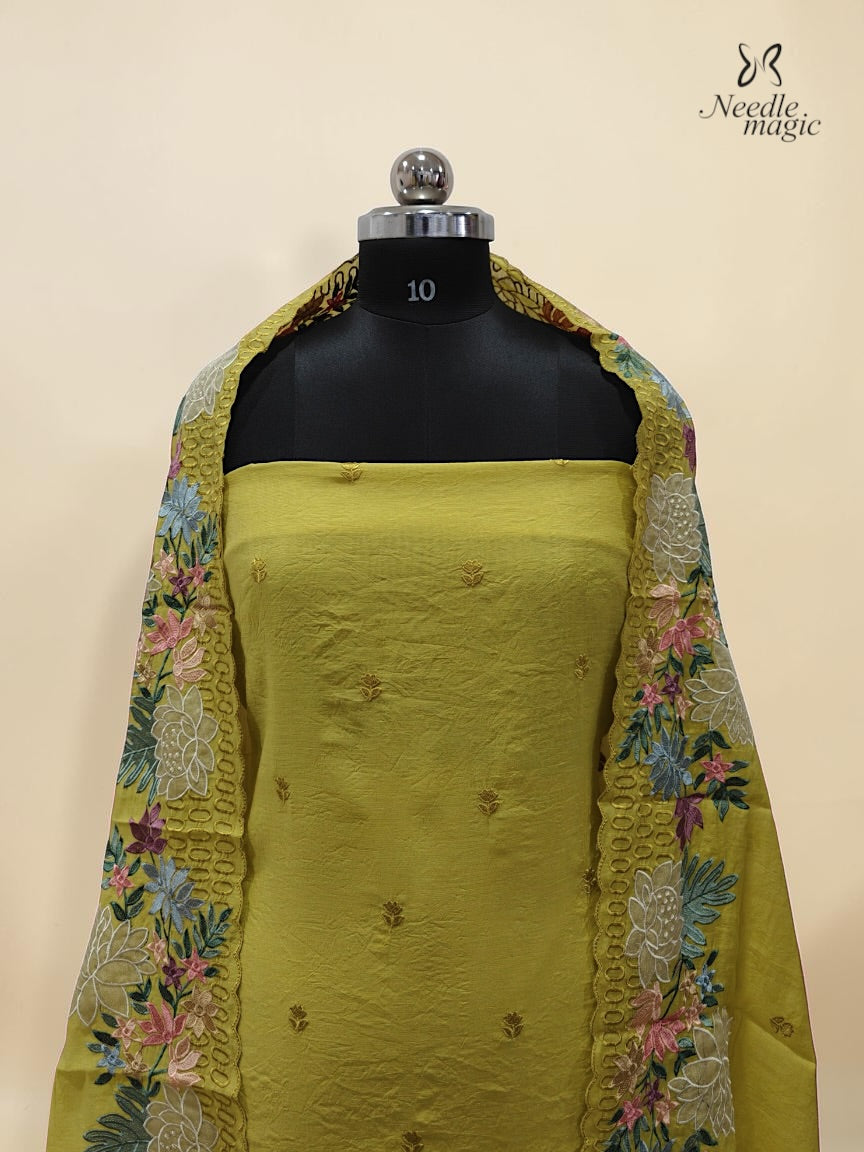 Mustard Yellow Mul Chanderi Set With Embroidery Work