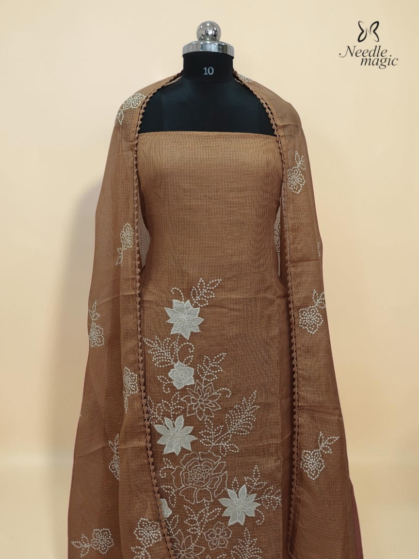 Mocha Brown Net Cotta Churidar with floral Applique