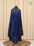 Royal Blue Jamdani Linen Churidar With Antique Gold Border & Motifs
