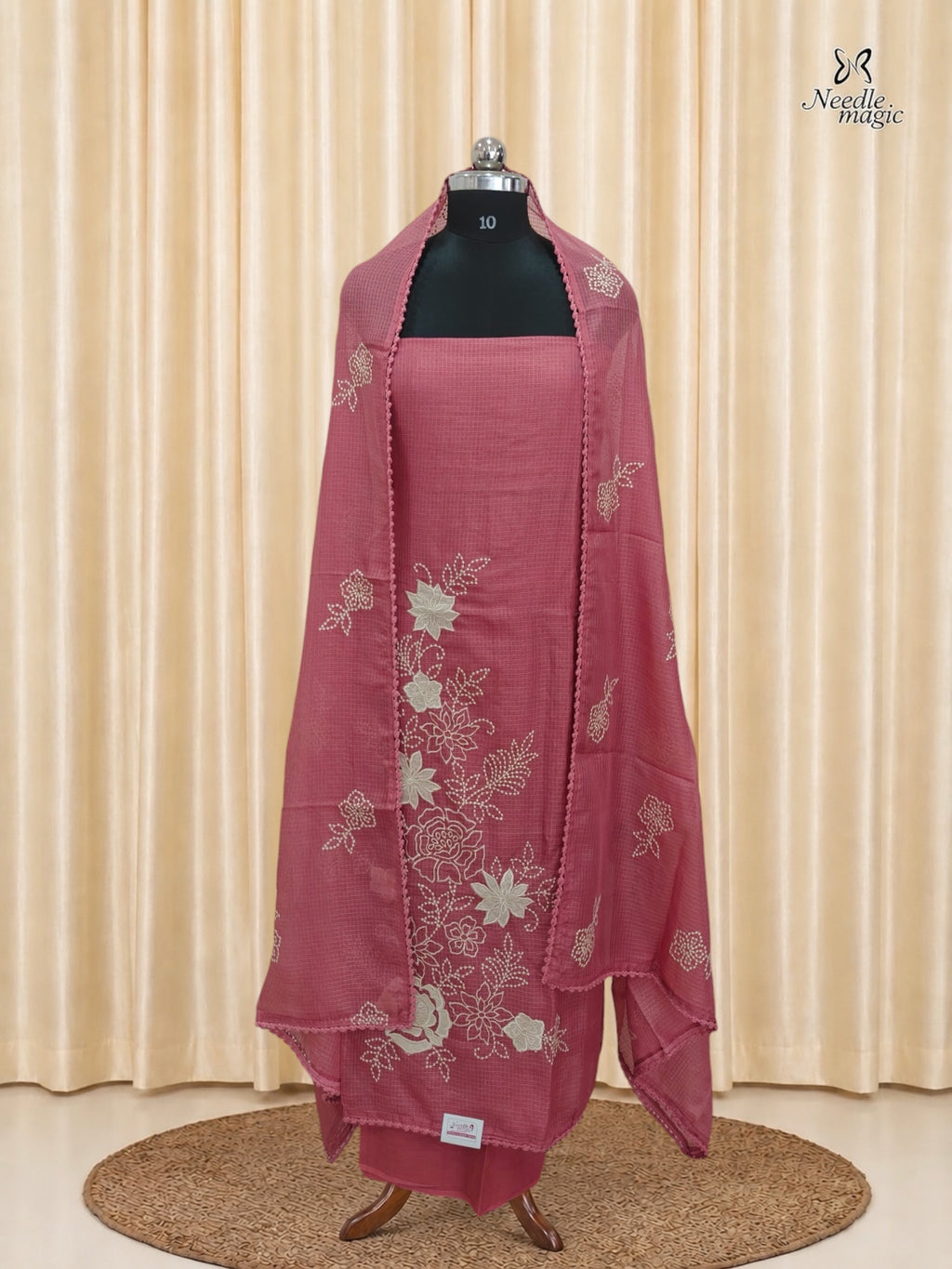 Dusty Rose Pink Net Cotta Churidar with floral Applique