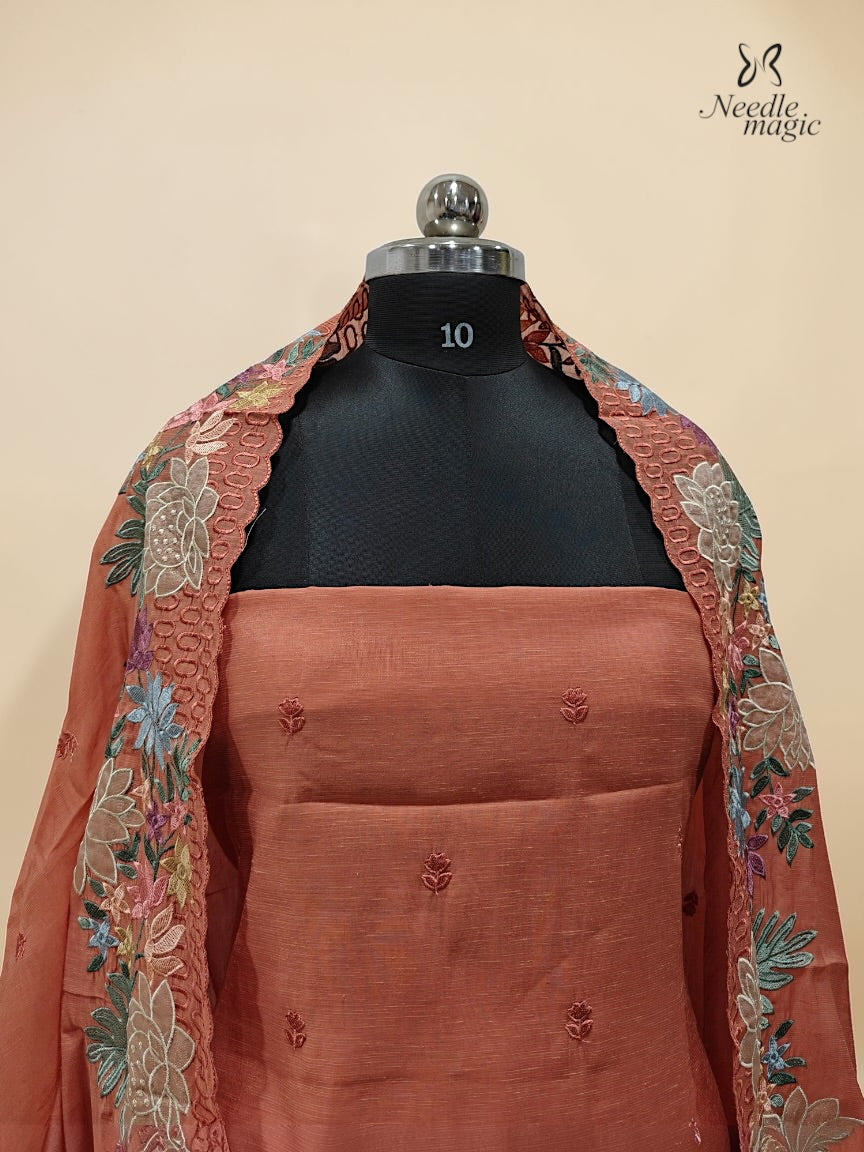 Terracotta Mul Chanderi Set With Embroidery Work