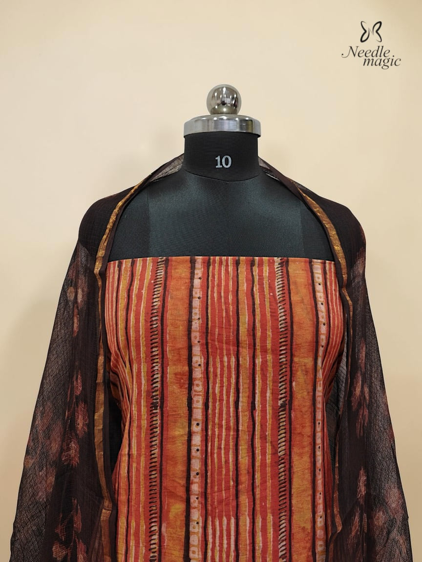 Rust Orange Cotton Churidar With Hand Block Ajrakh Print