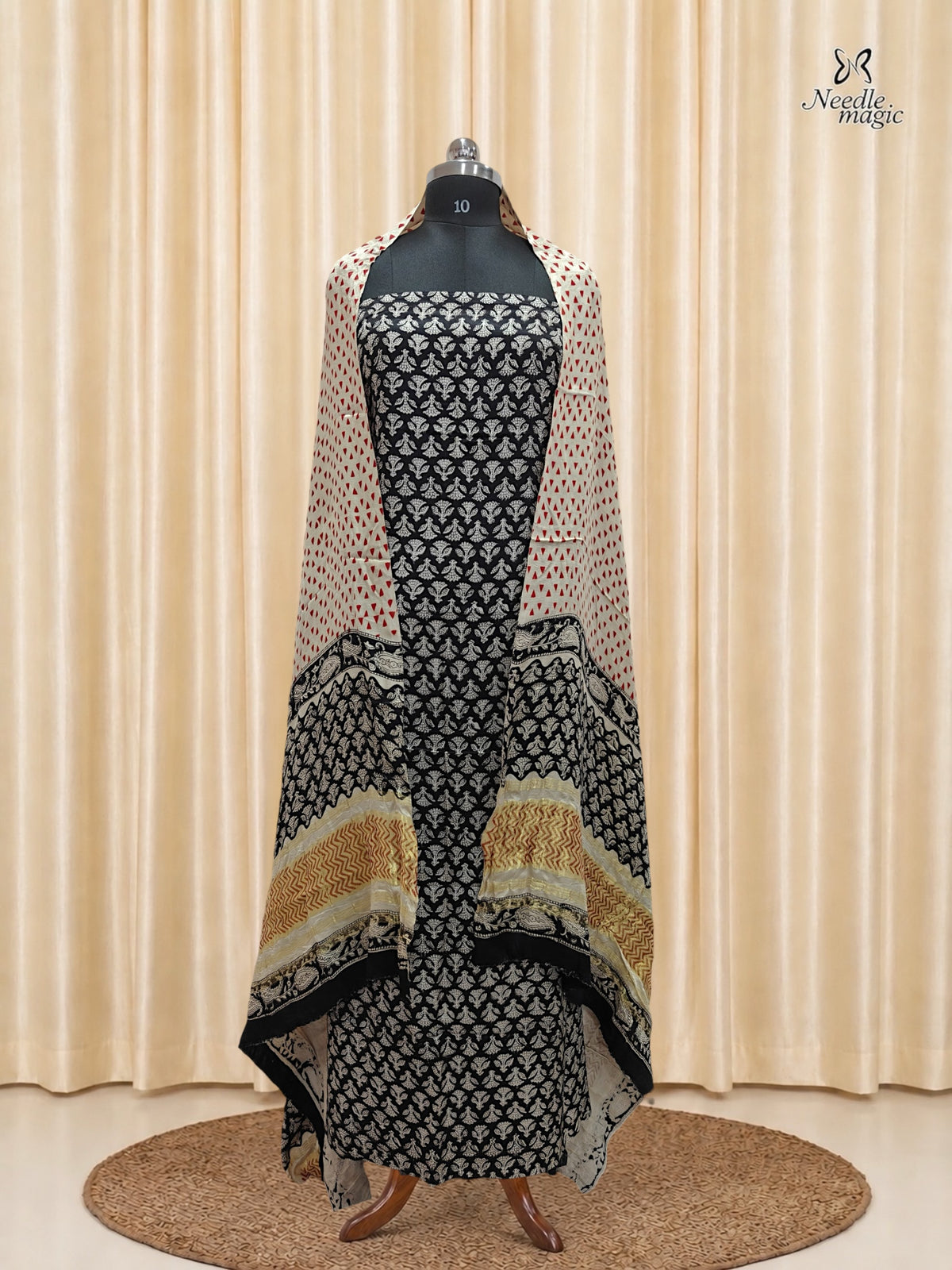 Black Modal Silk Churidar with Ivory Hand Block Print