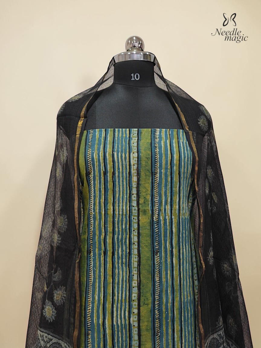 Olive Green Cotton Churidar With Hand Block Ajrakh Print