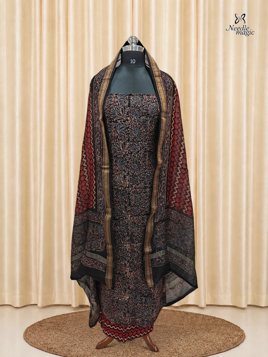 Black with rust red Maheshwari Silk Churidar