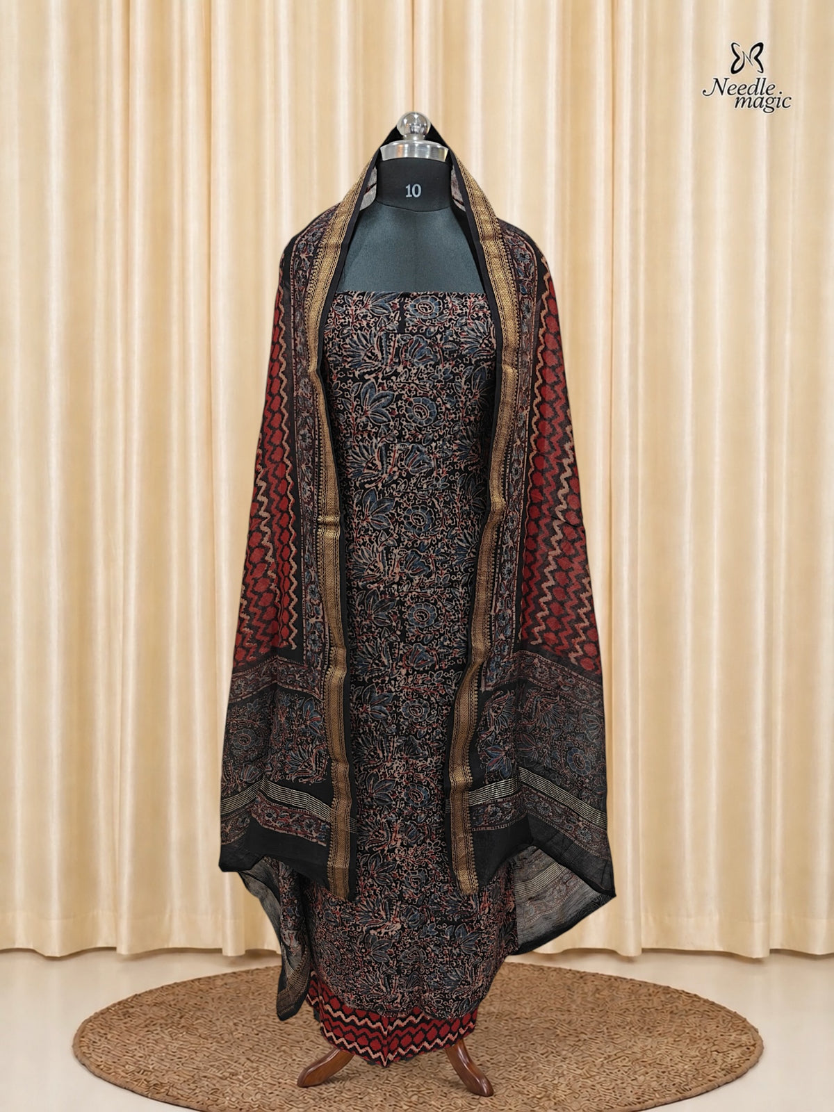 Black with rust red Maheshwari Silk Churidar