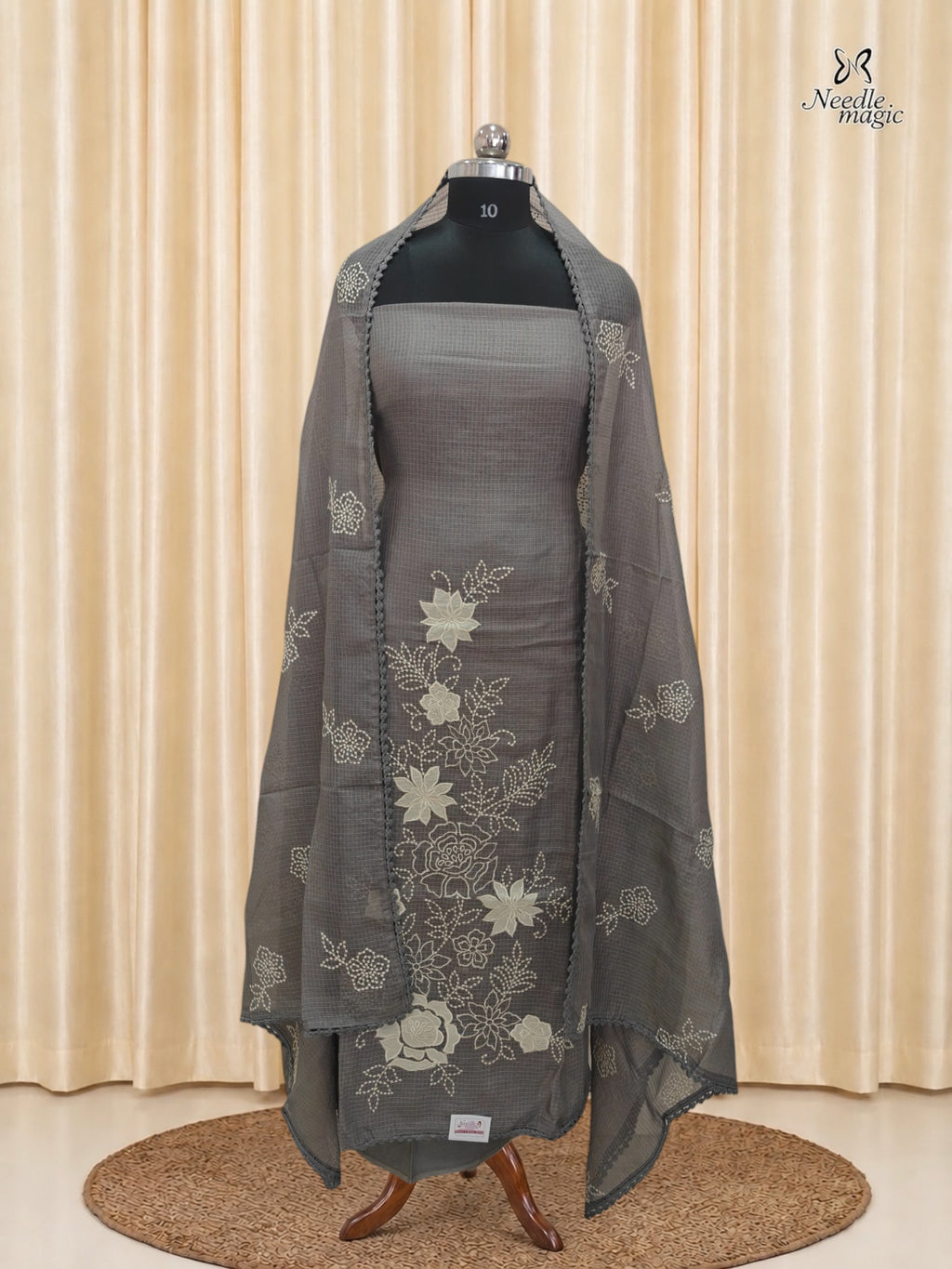 Taupe Grey Net Cotta Churidar with floral Applique