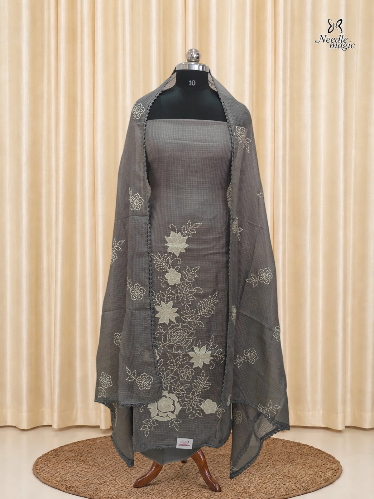 Taupe Grey Net Cotta Churidar with floral Applique