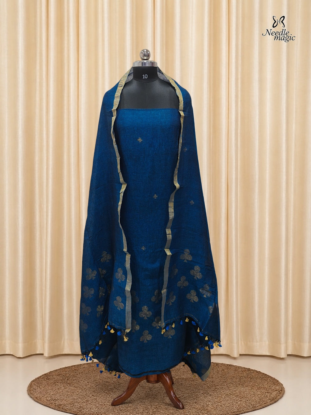 Peacock Blue Jamdani Linen Churidar With Antique Gold Border & Motifs