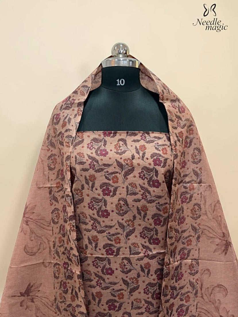 Dusty Rose Tussar Silk Churidar with Maroon Floral Prints