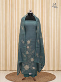 Greyish Teal Net Cotta Churidar with floral Applique