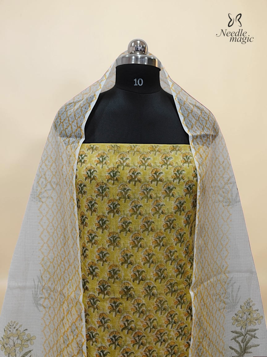 Lemon Yellow Net Cotta Churidar