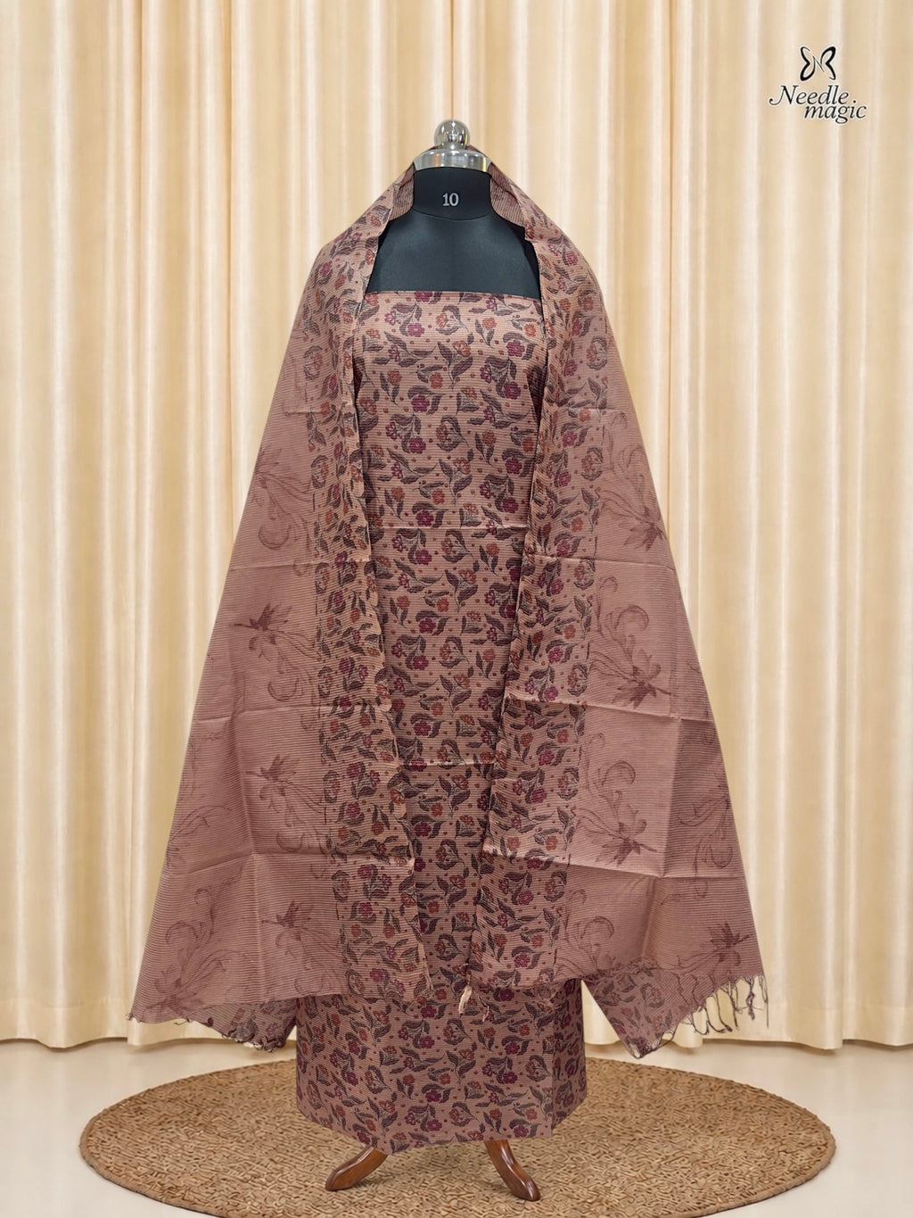 Dusty Rose Tussar Silk Churidar with Maroon Floral Prints