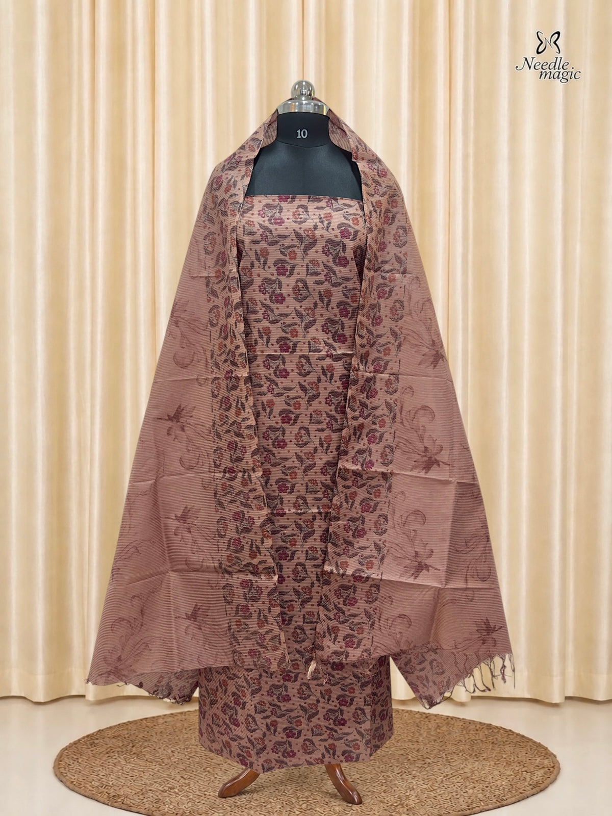 Dusty Rose Tussar Silk Churidar with Maroon Floral Prints