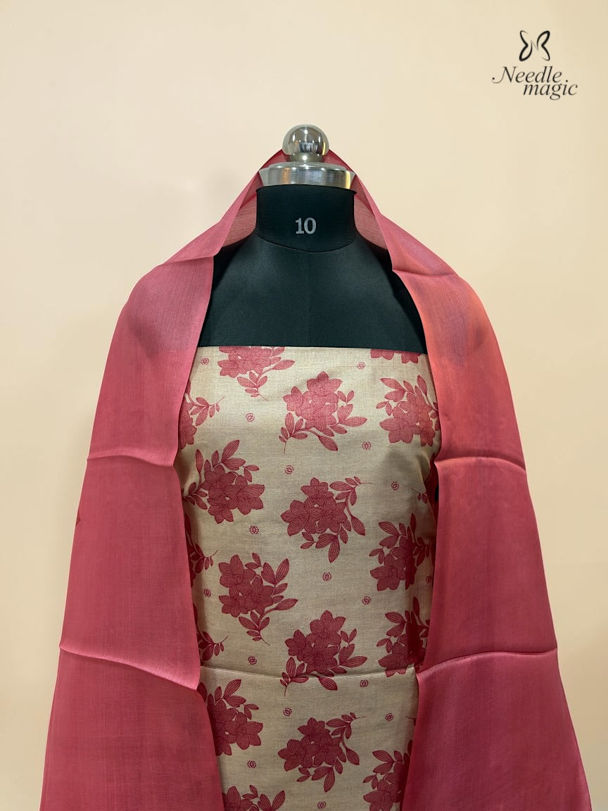 Beige with Rose Pink Tussar Silk Churidar