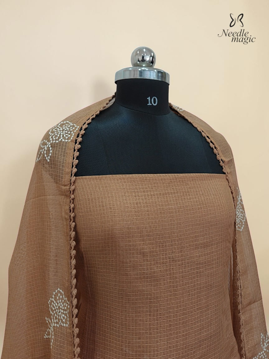Mocha Brown Net Cotta Churidar with floral Applique