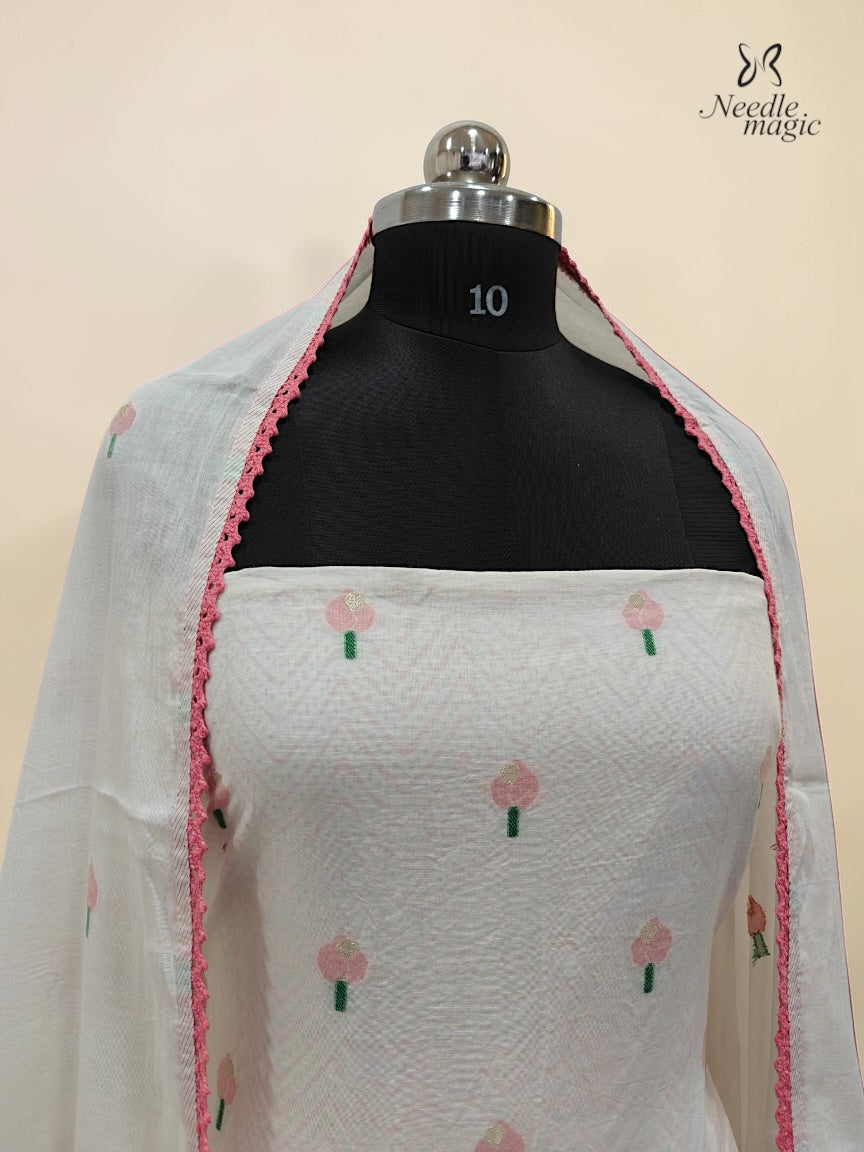 White Mul Cotton Churidar With Soft Pink Floral Detailing