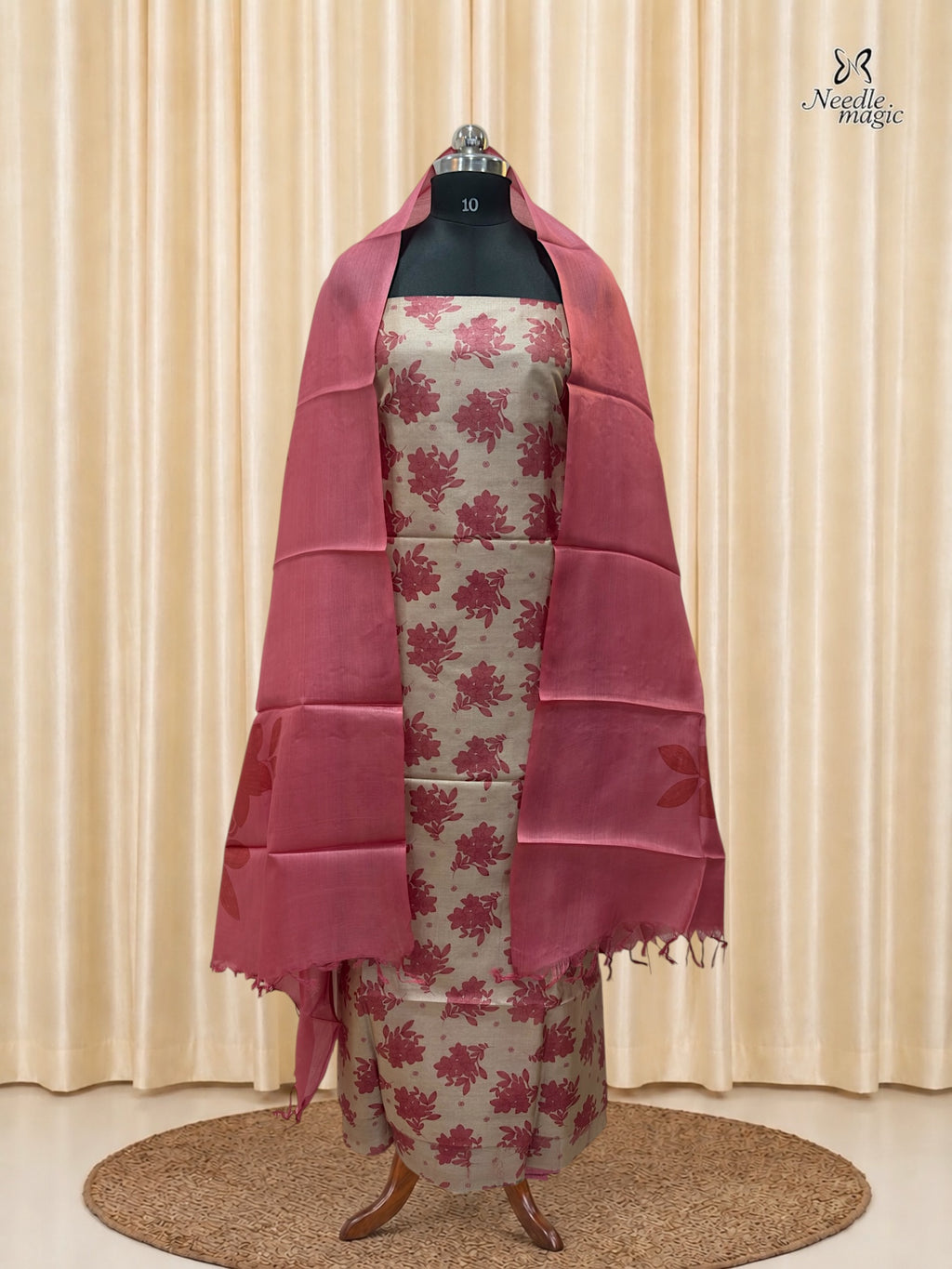 Beige with Rose Pink Tussar Silk Churidar