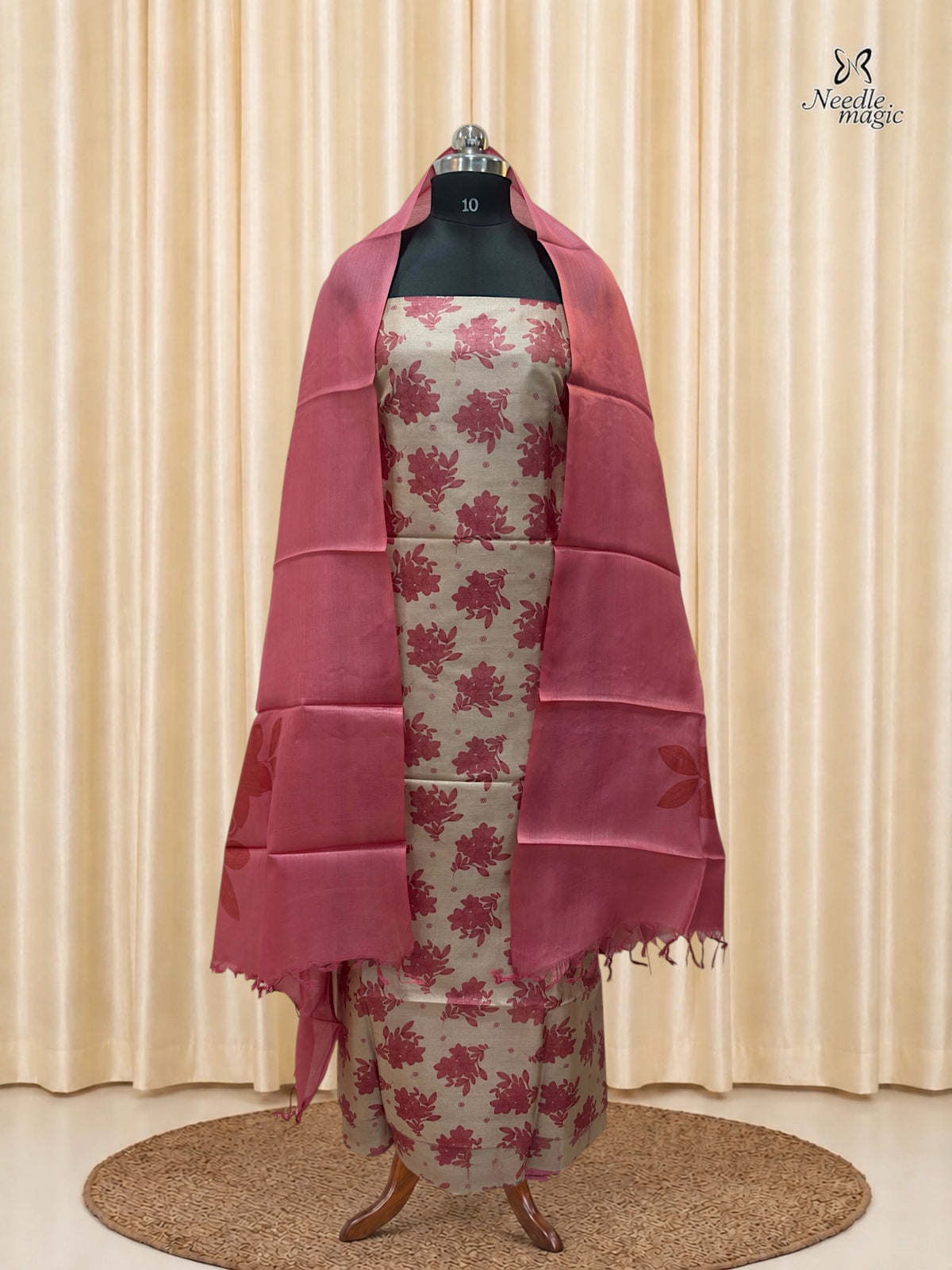 Beige with Rose Pink Tussar Silk Churidar