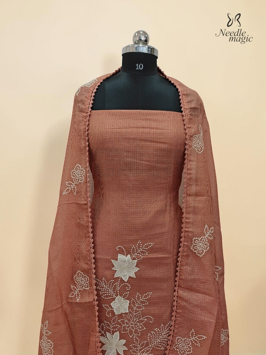 Dusty Rose Net Cotta Churidar with floral Applique