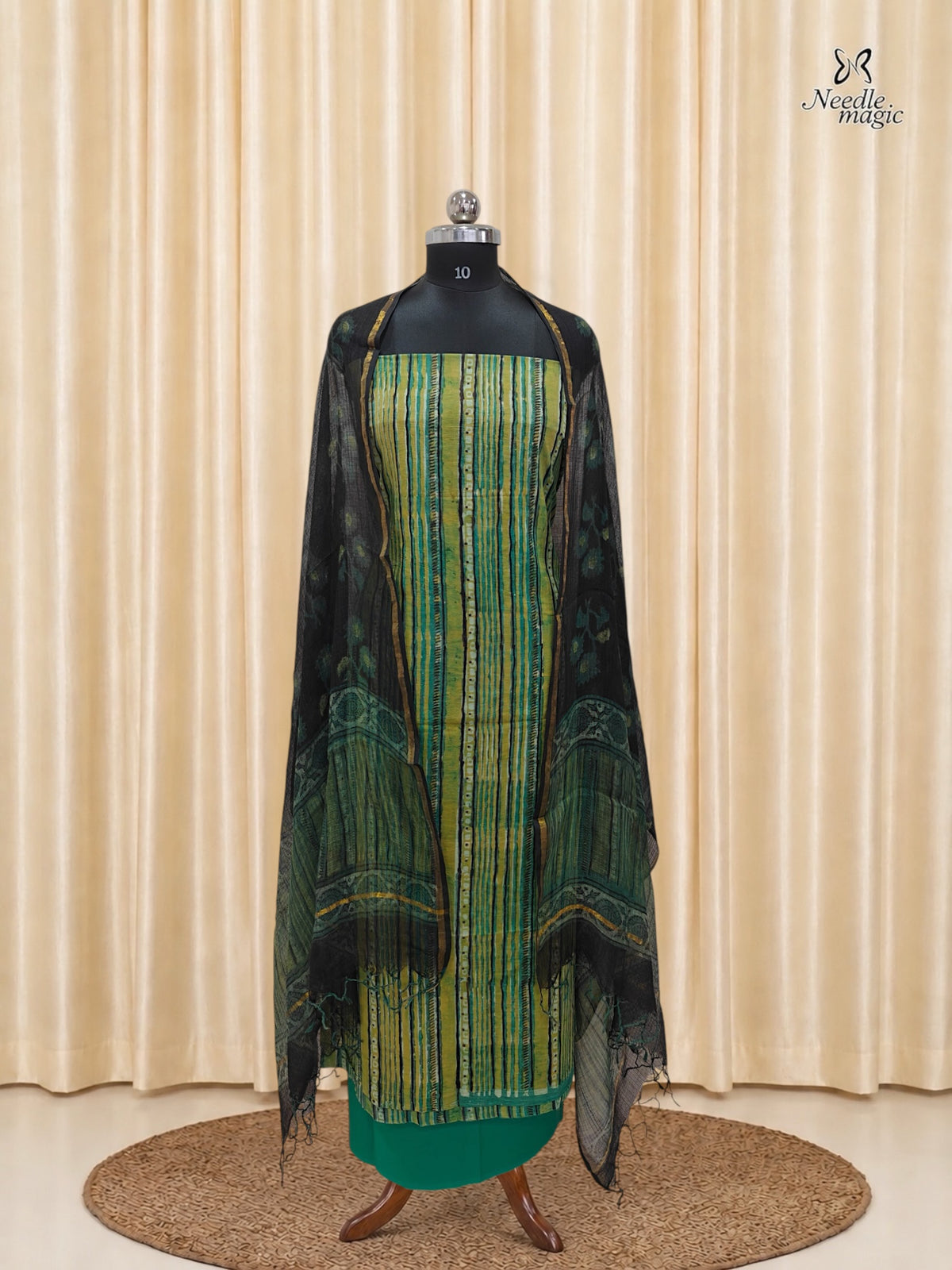 Lime Green Cotton Churidar With Hand Block Ajrakh Print