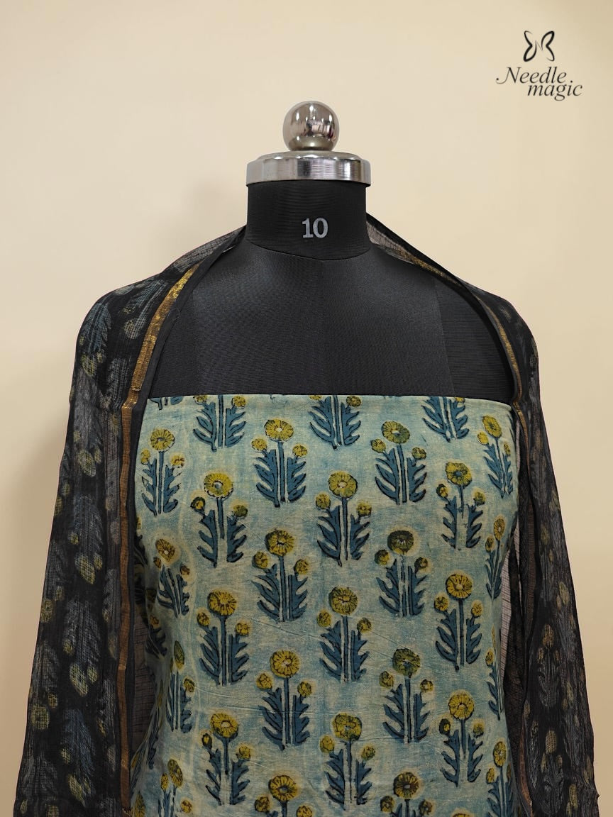 Dusty Teal Blue Cotton Churidar With Hand Block Ajrakh Print