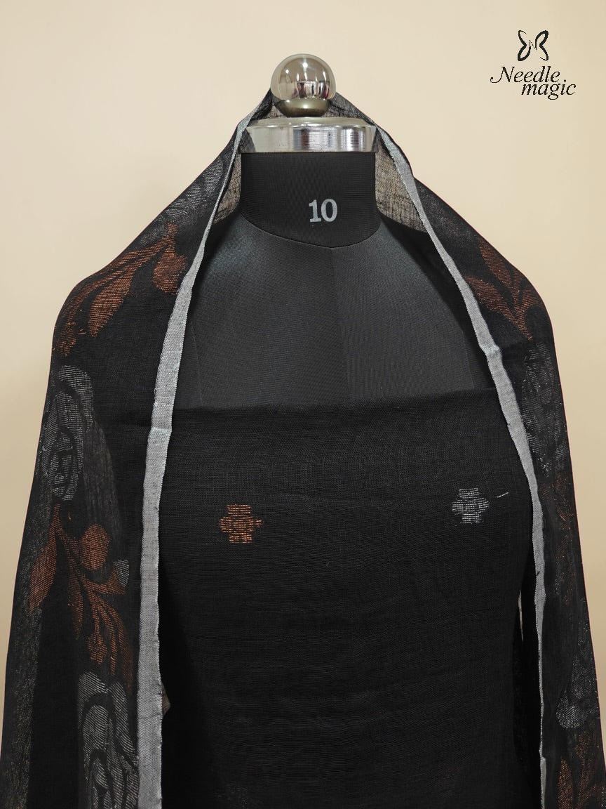 Black Jamdani Linen Churidar With Rust & Silver Floral Dupatta
