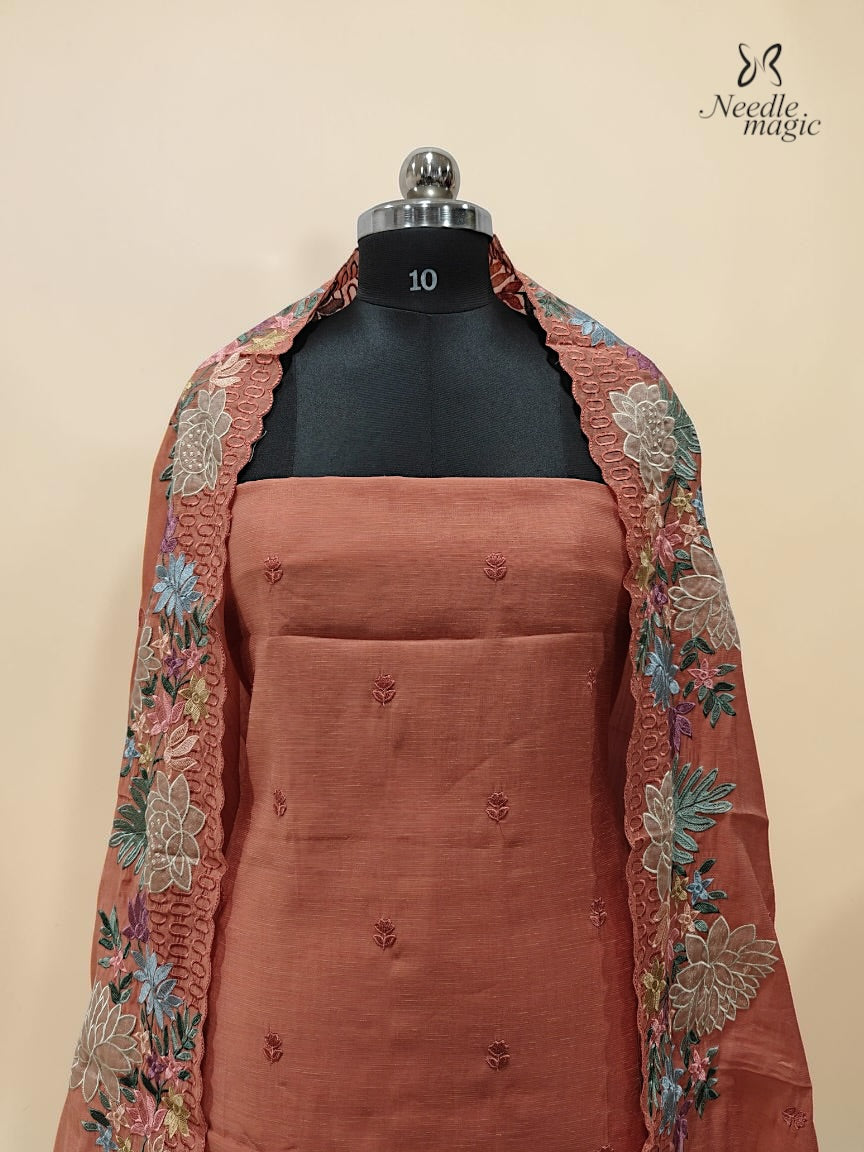 Terracotta Mul Chanderi Set With Embroidery Work