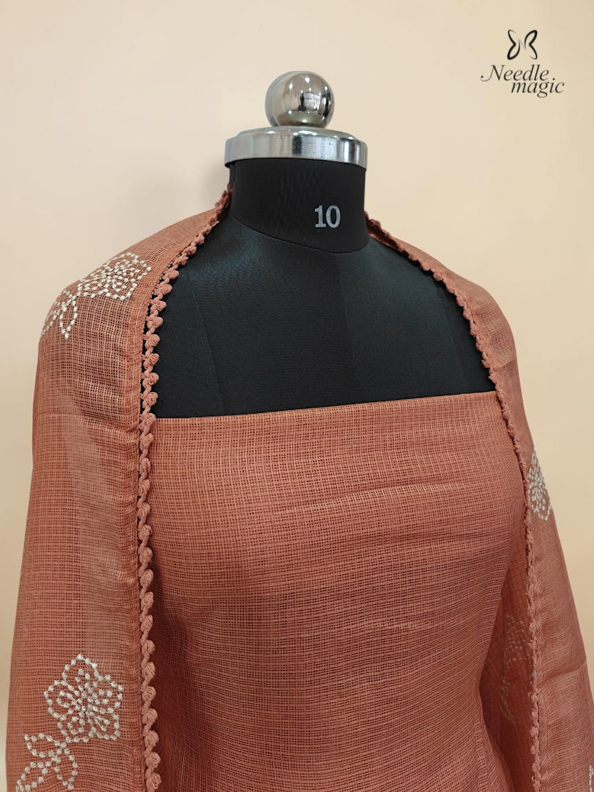 Dusty Rose Net Cotta Churidar with floral Applique