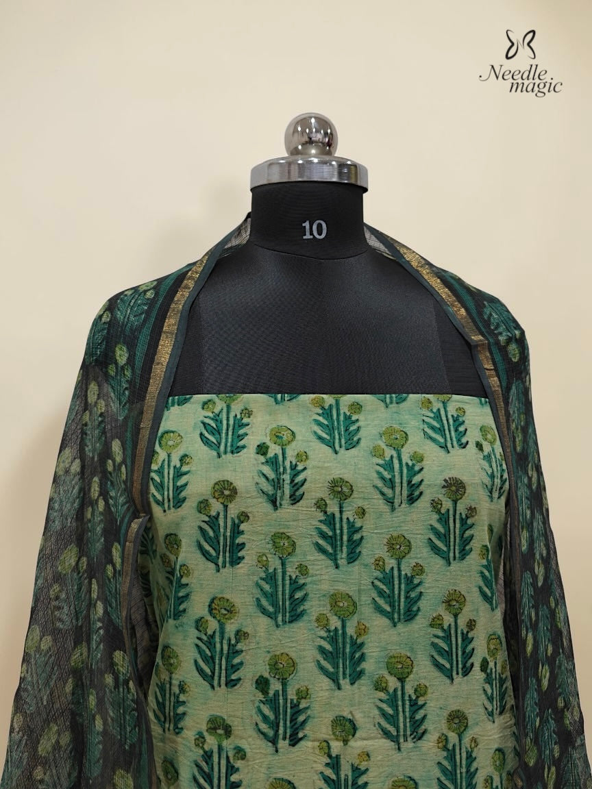 Sage Green Cotton Churidar With Hand Block Ajrakh Print