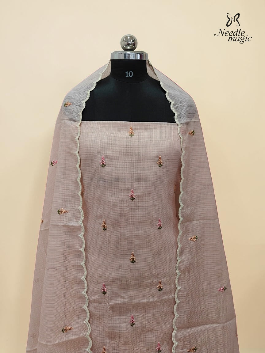 Soft Peach Net Cotta Churidar with floral Applique