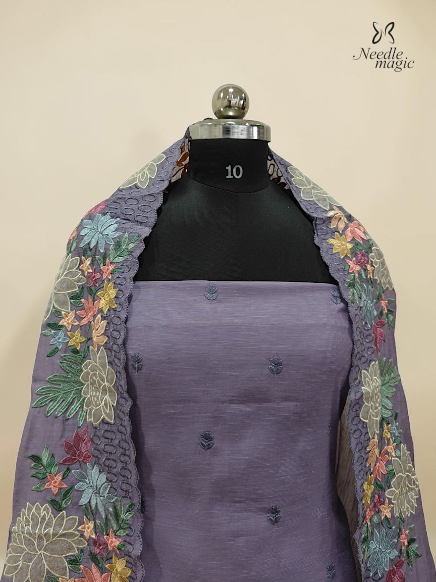 Dusty Lavender Mul Chanderi Set With Embroidery Work