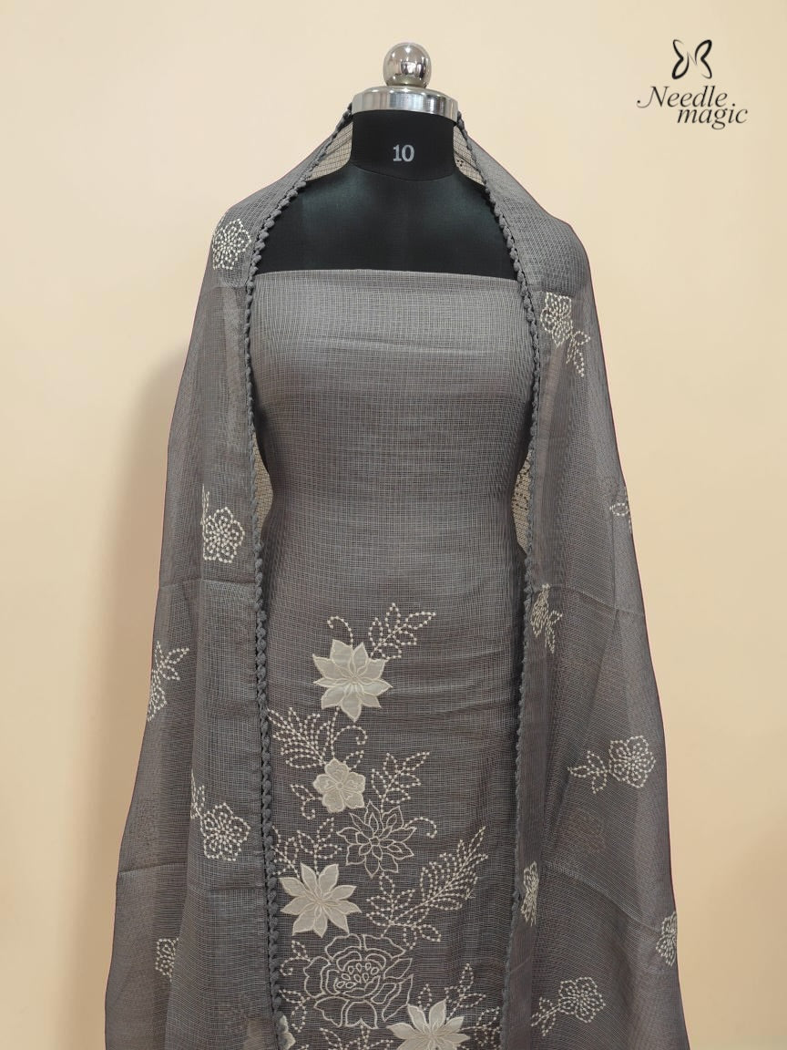 Taupe Grey Net Cotta Churidar with floral Applique
